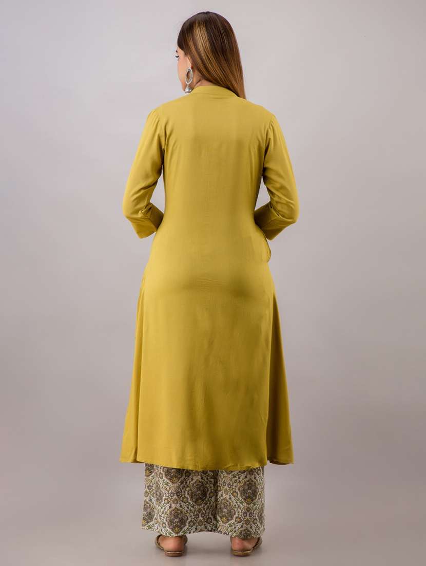 green solid three quarter sleeve kurta  - 19847384 -  Standard Image - 2