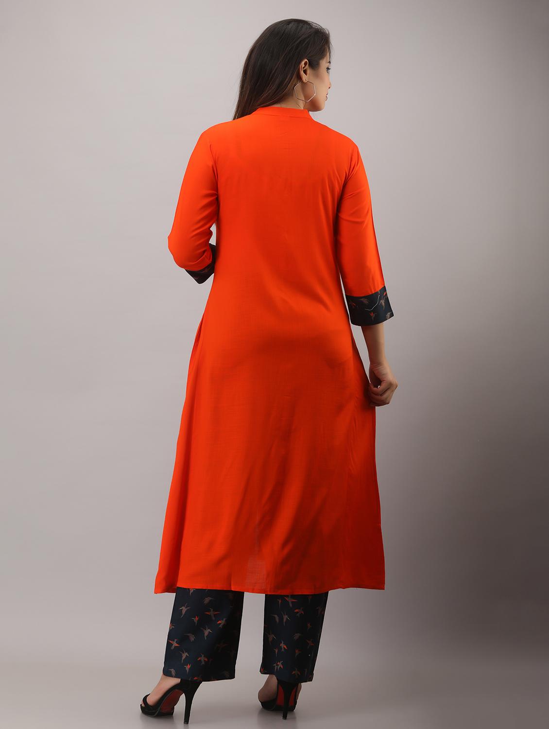 orange solid three quarter sleeve kurta palazzo set - 19847390 - Standard Image - 2