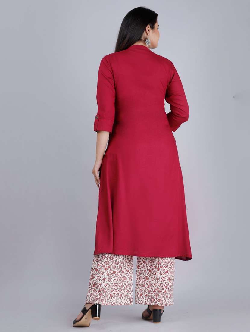 maroon solid three quarter sleeve kurta palazzo set - 19847399 -  Standard Image - 2