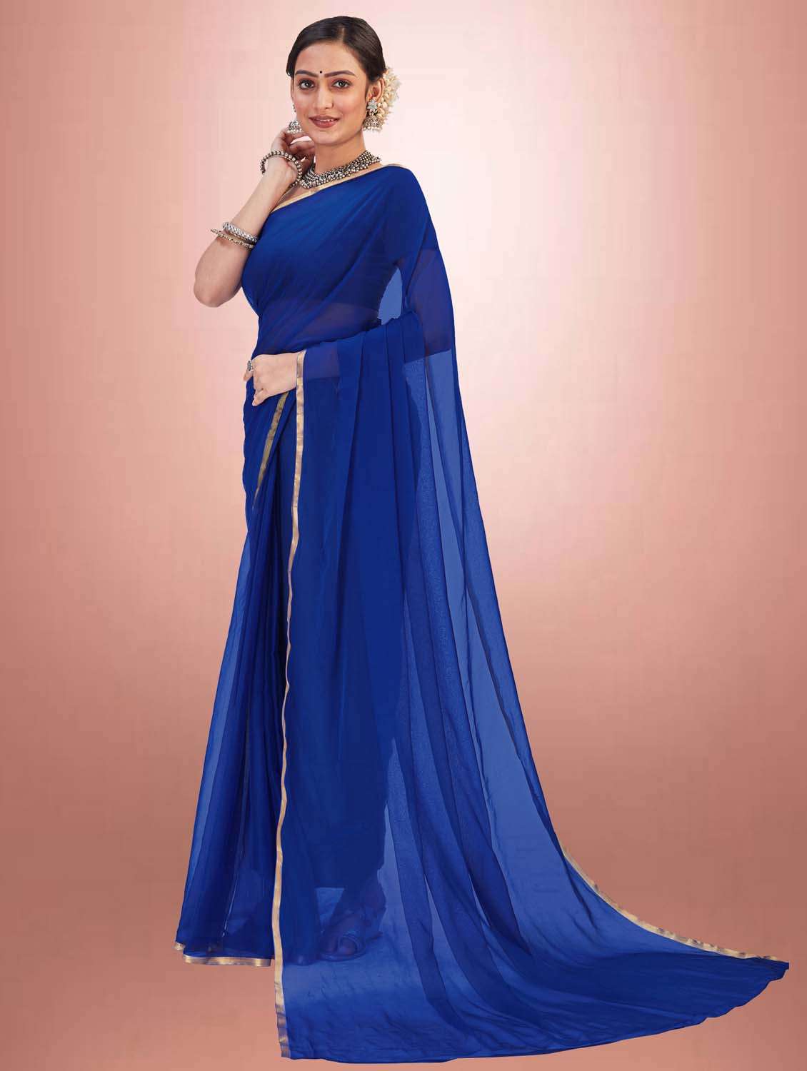 women's solid indigo colored saree with blouse