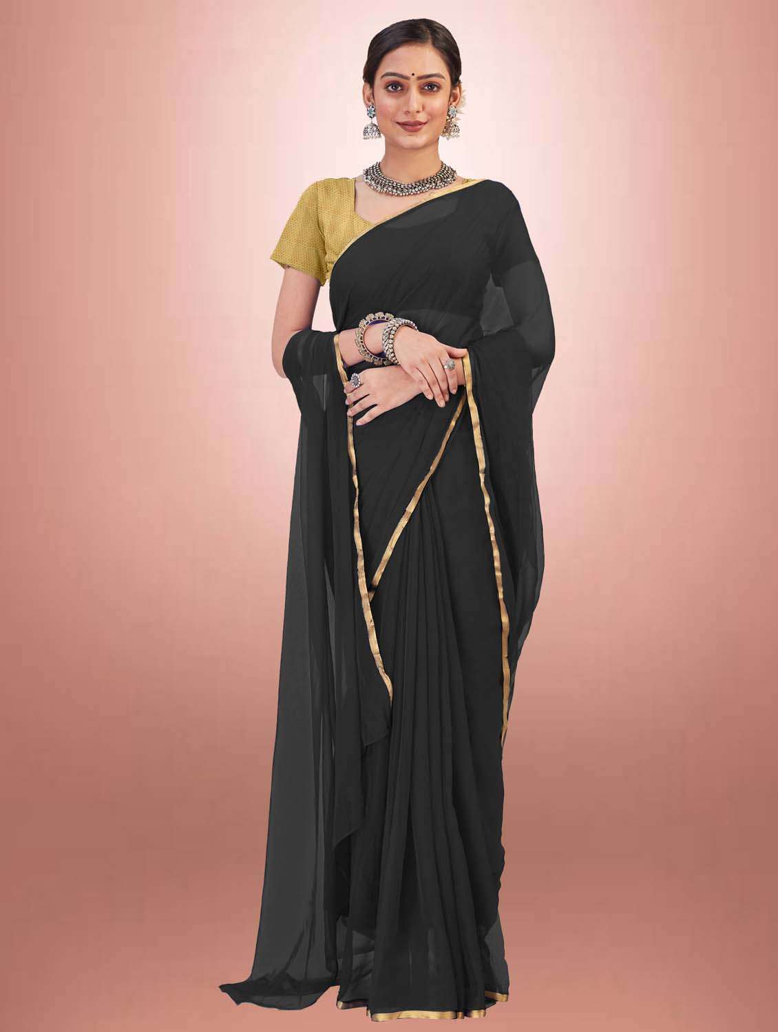 women's bordered black colored saree with blouse