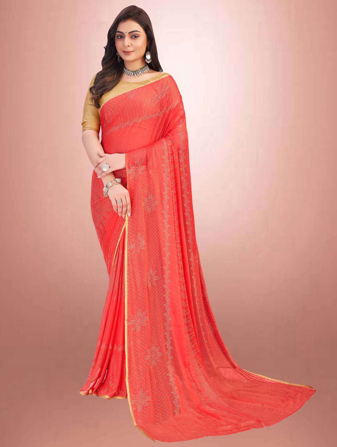 women's solid with work coral colored saree with blouse