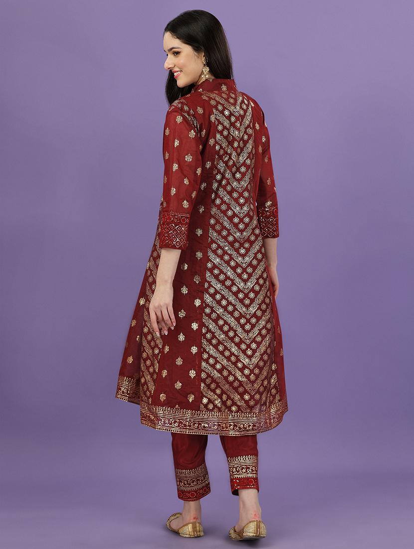 red chanderi kurta pant set - 19856613 - Standard Image - 2