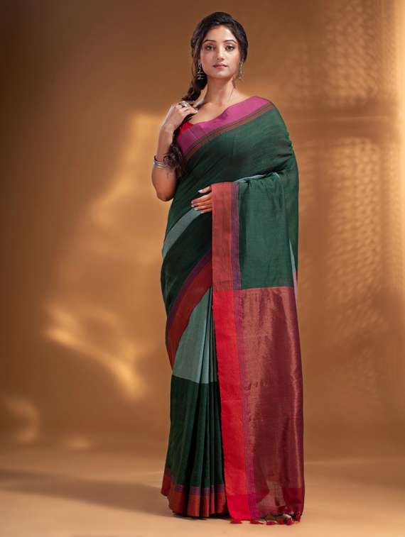 women's color block green colored saree with blouse