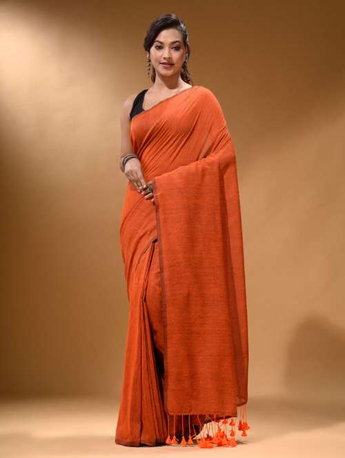women's solid orange colored saree with blouse - 19866494 -  Standard Image - 0