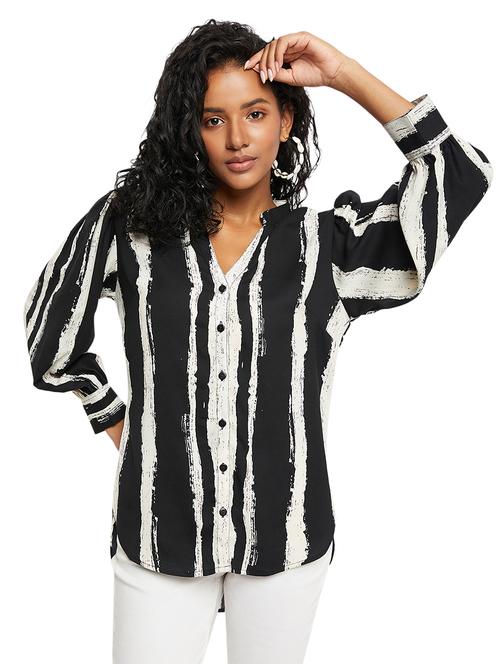 black striped mandarin neck regular shirt - 19866699 -  Standard Image - 0