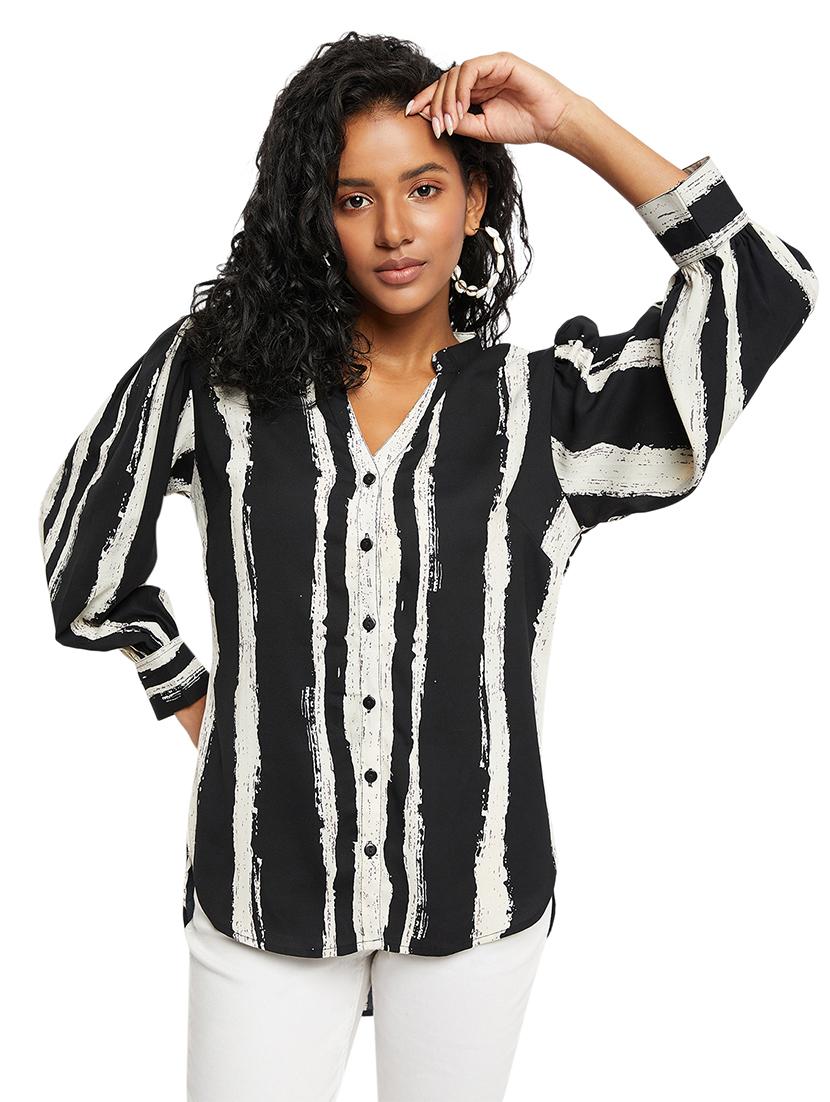 black striped mandarin neck regular shirt - 19866699 -  Zoom Image - 0