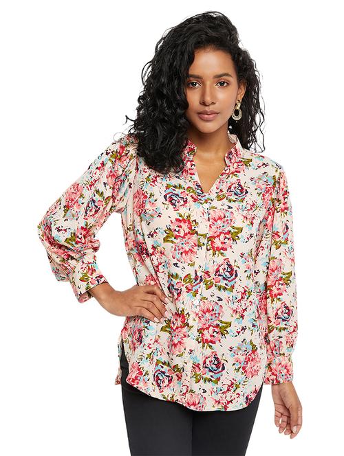white floral print mandarin neck regular shirt - 19866700 - Standard Image - 0