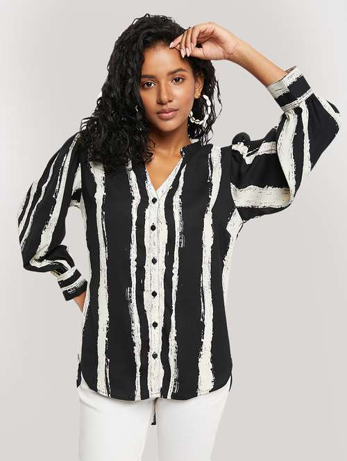 black striped mandarin regular shirt - 19866704 -  Standard Image - 0