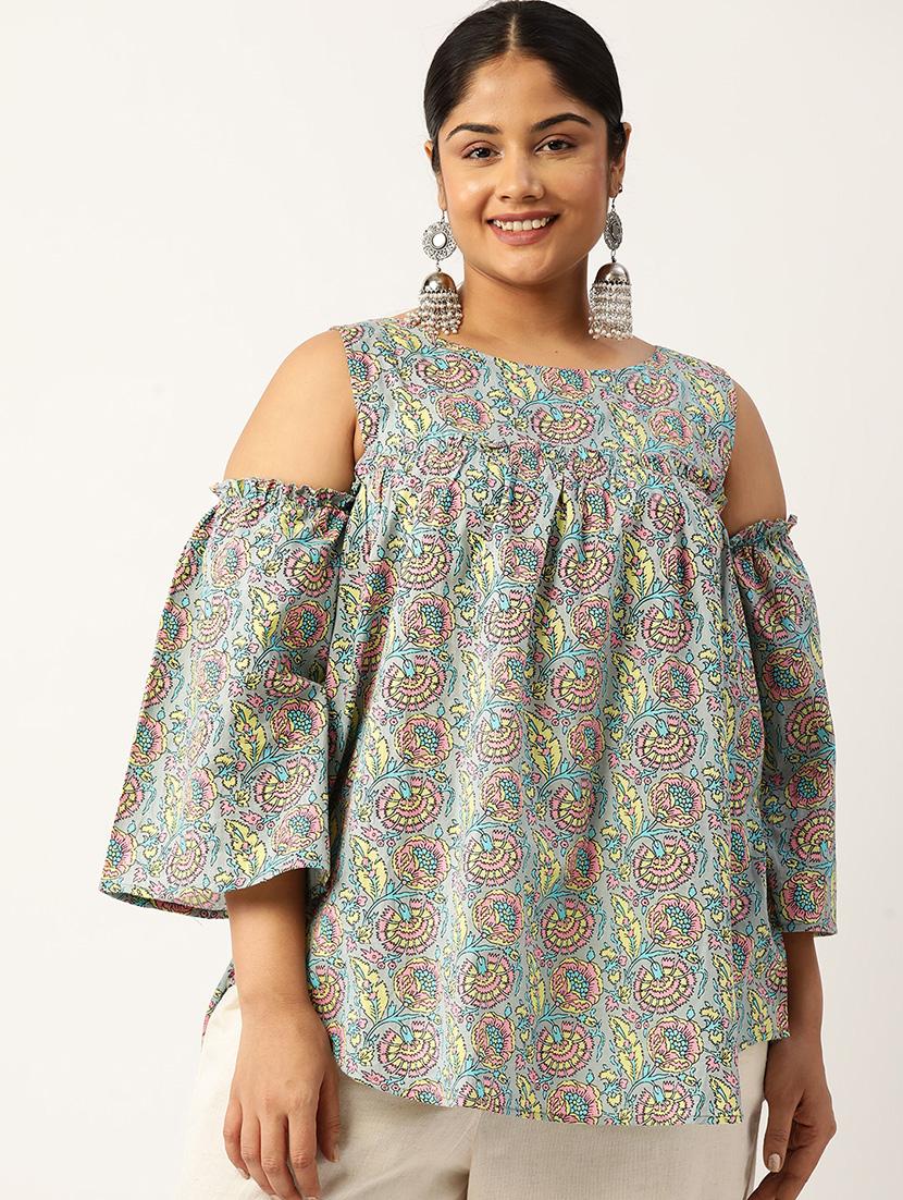women plus size printed cold shoulder top - 19866827 - Zoom Image - 0