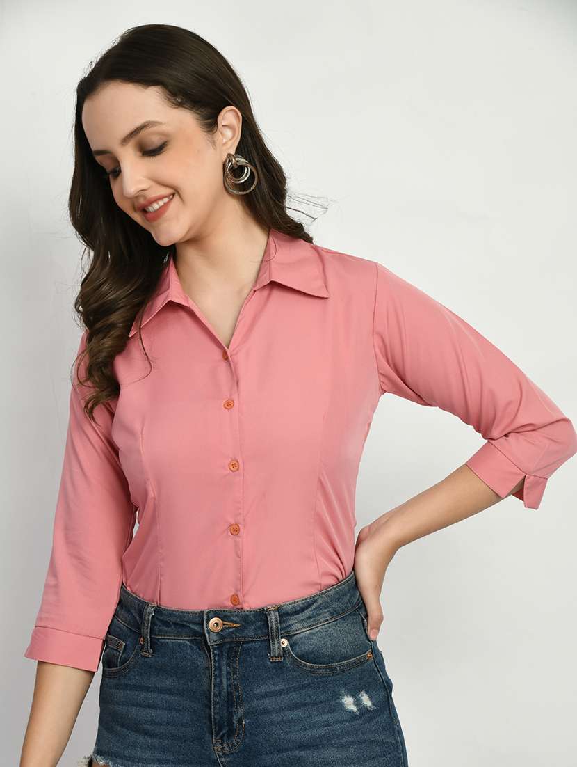 pink solid three quarter sleeves regular shirt - 19866987 - Zoom Image - 0