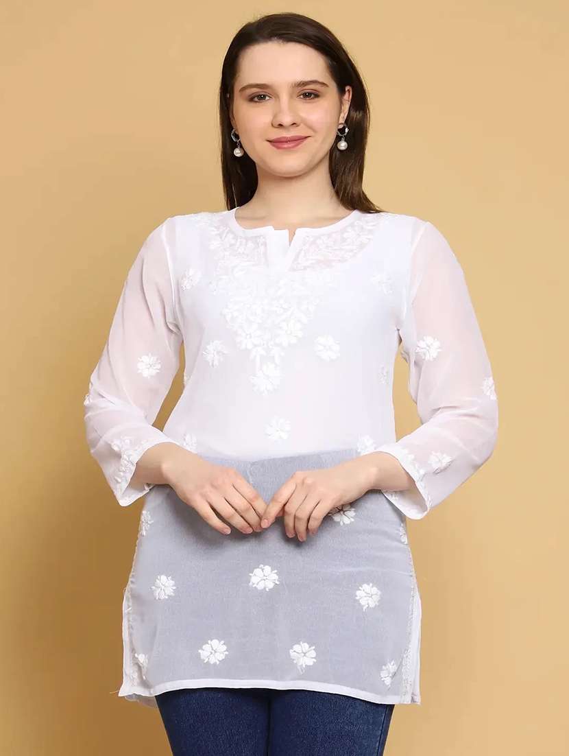 chikankari straight short kurti