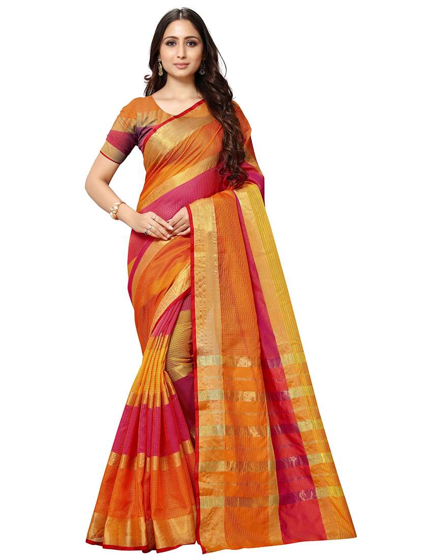 women's self design orange colored saree with blouse