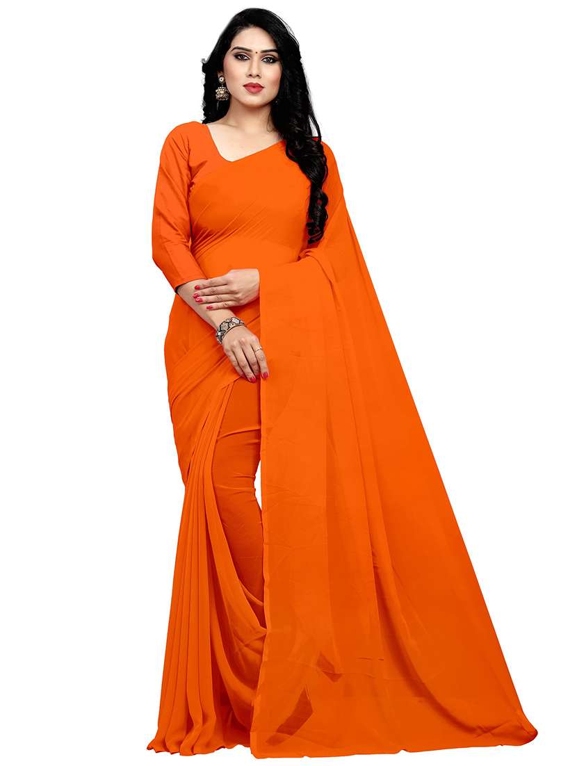 women's solid orange colored saree with blouse