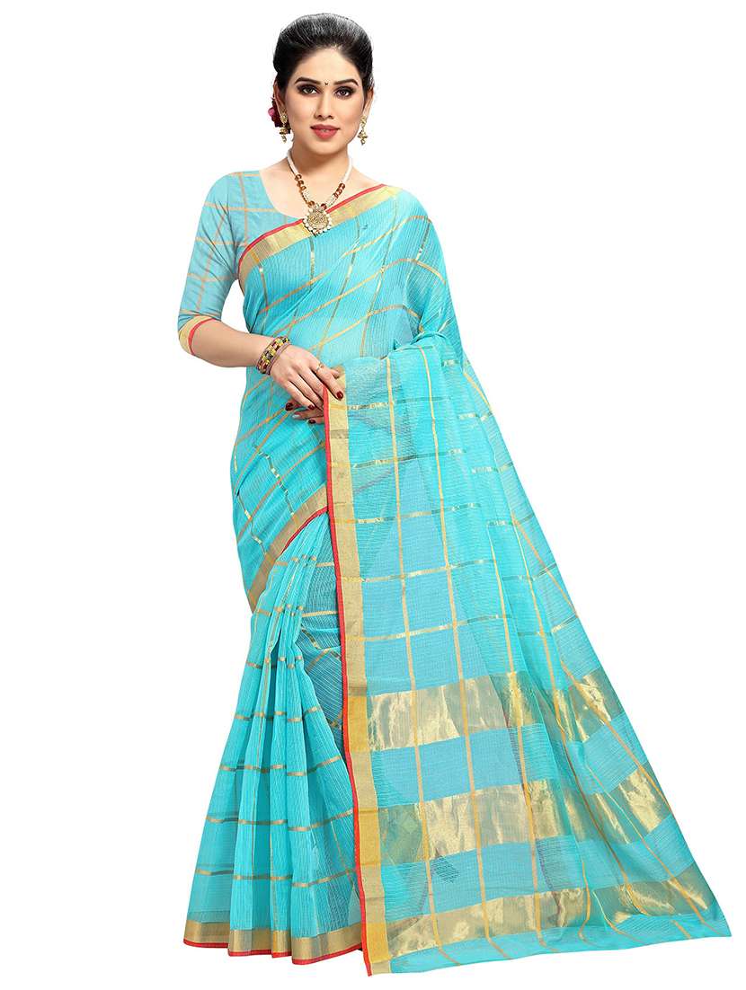 women's self design light blue colored saree with blouse