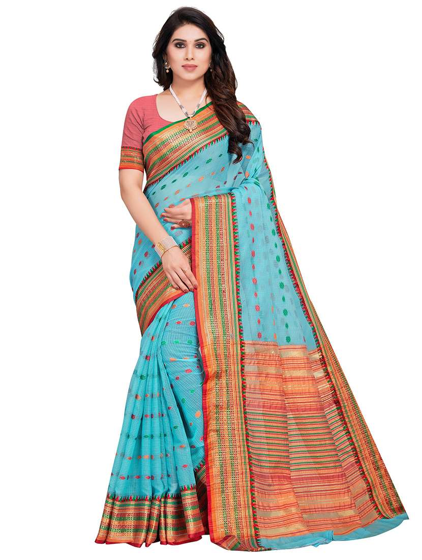 women's self design light blue colored saree with blouse