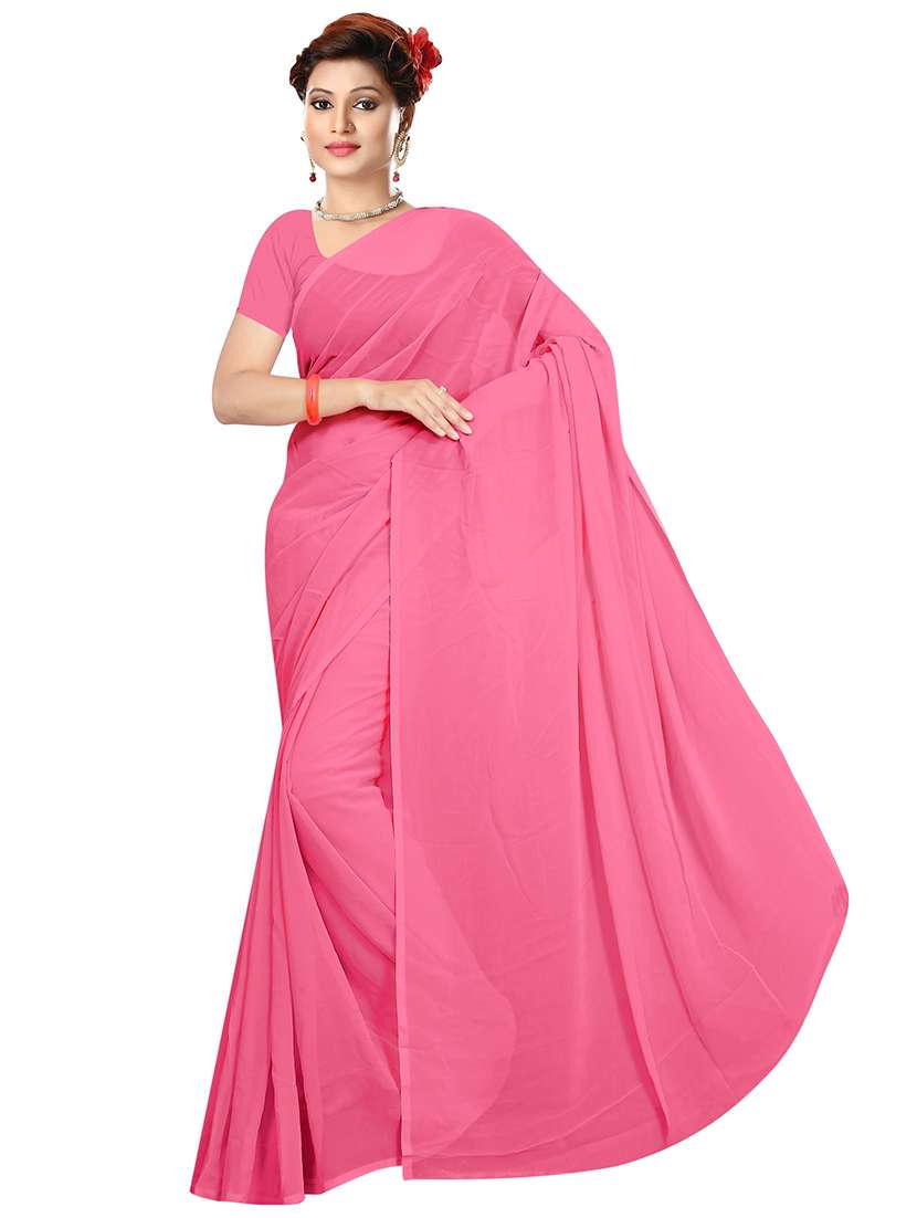 women's solid pink colored saree with blouse