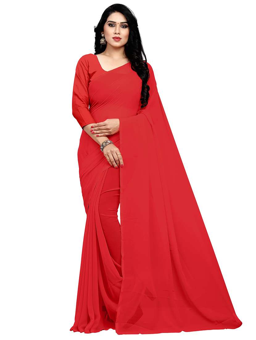 women's solid red colored saree with blouse