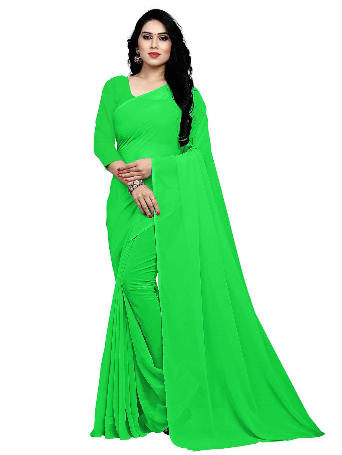 women's solid light green colored saree with blouse