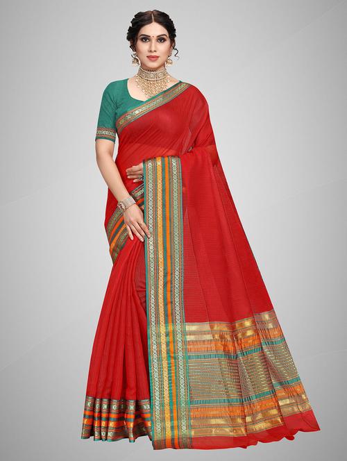 women's bordered red colored saree with blouse - 19870765 -  Standard Image - 0