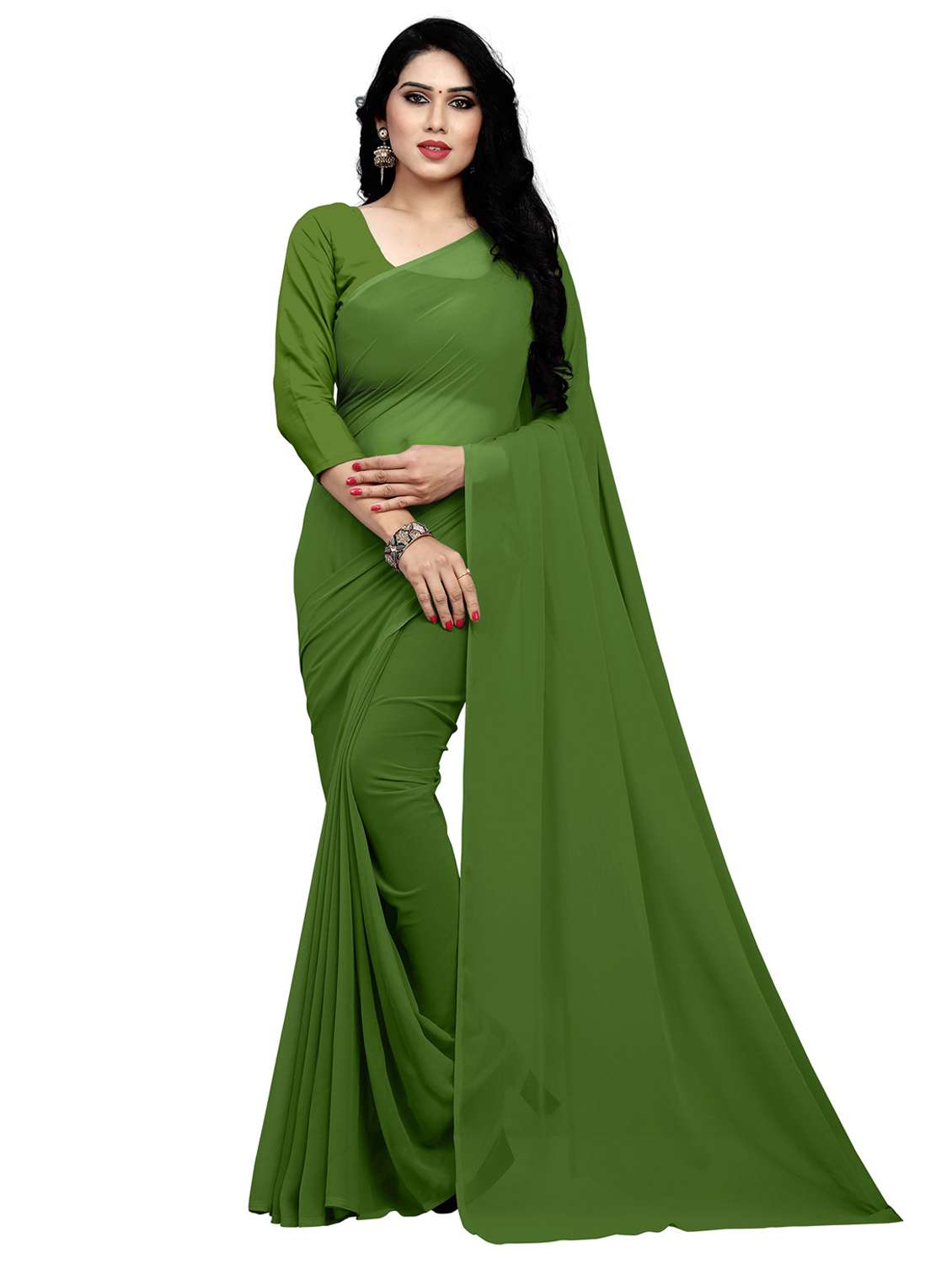 women's solid dark green colored saree with blouse