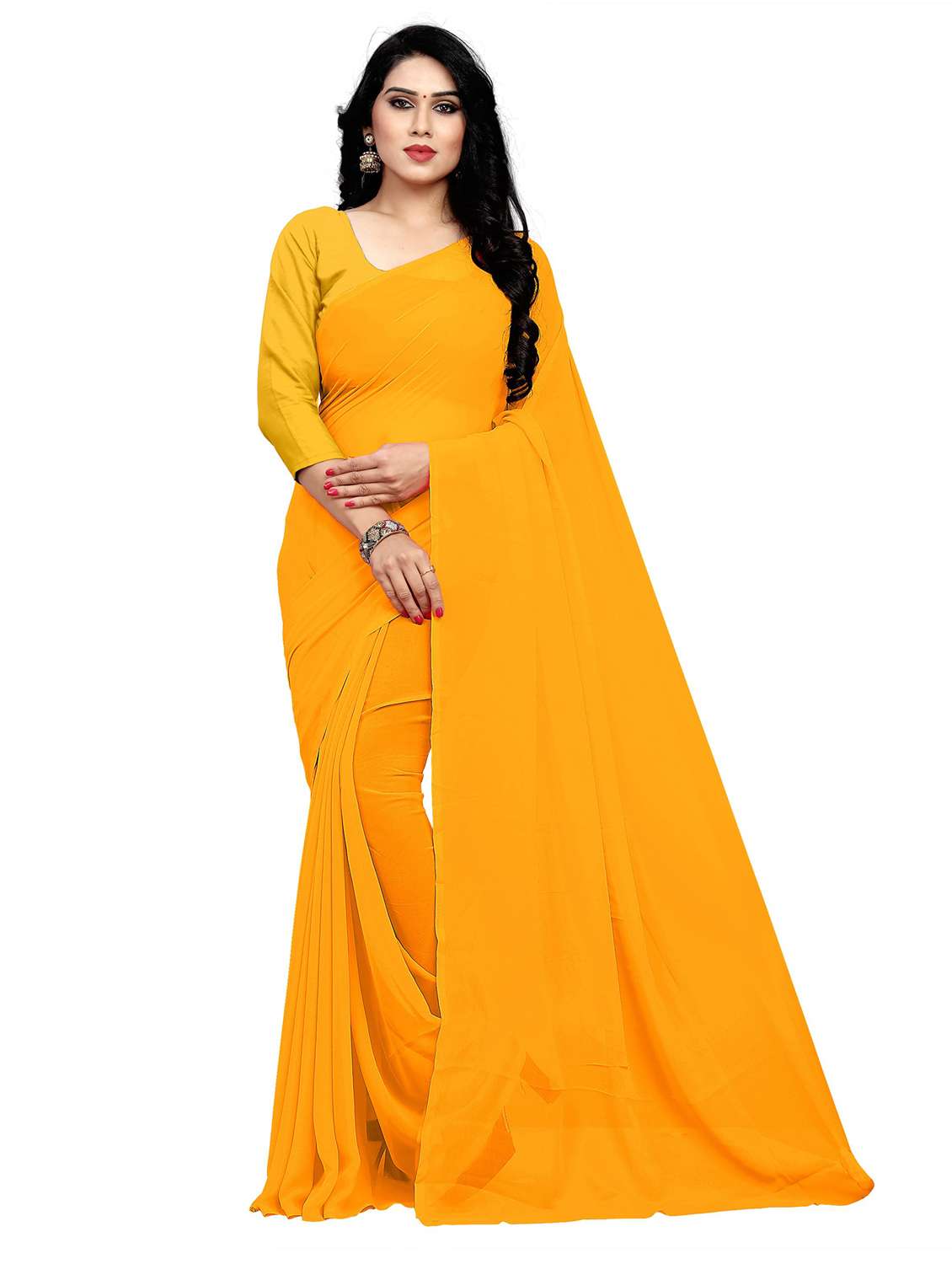 women's solid yellow colored saree with blouse