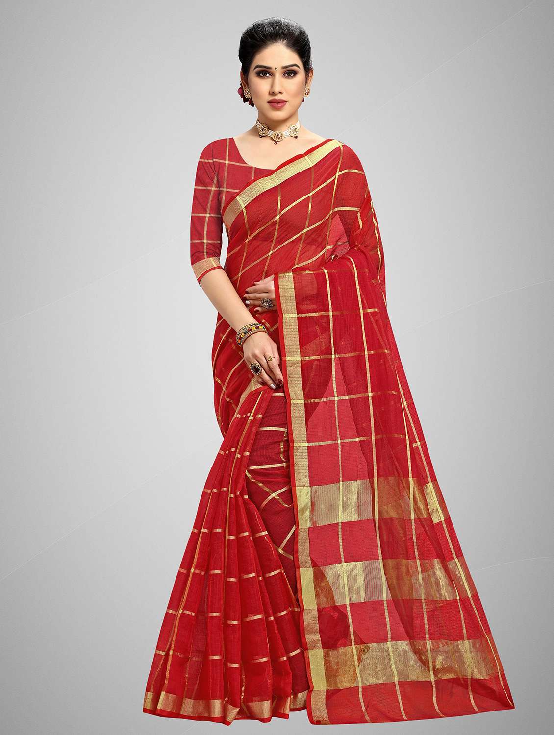 women's checks red colored saree with blouse