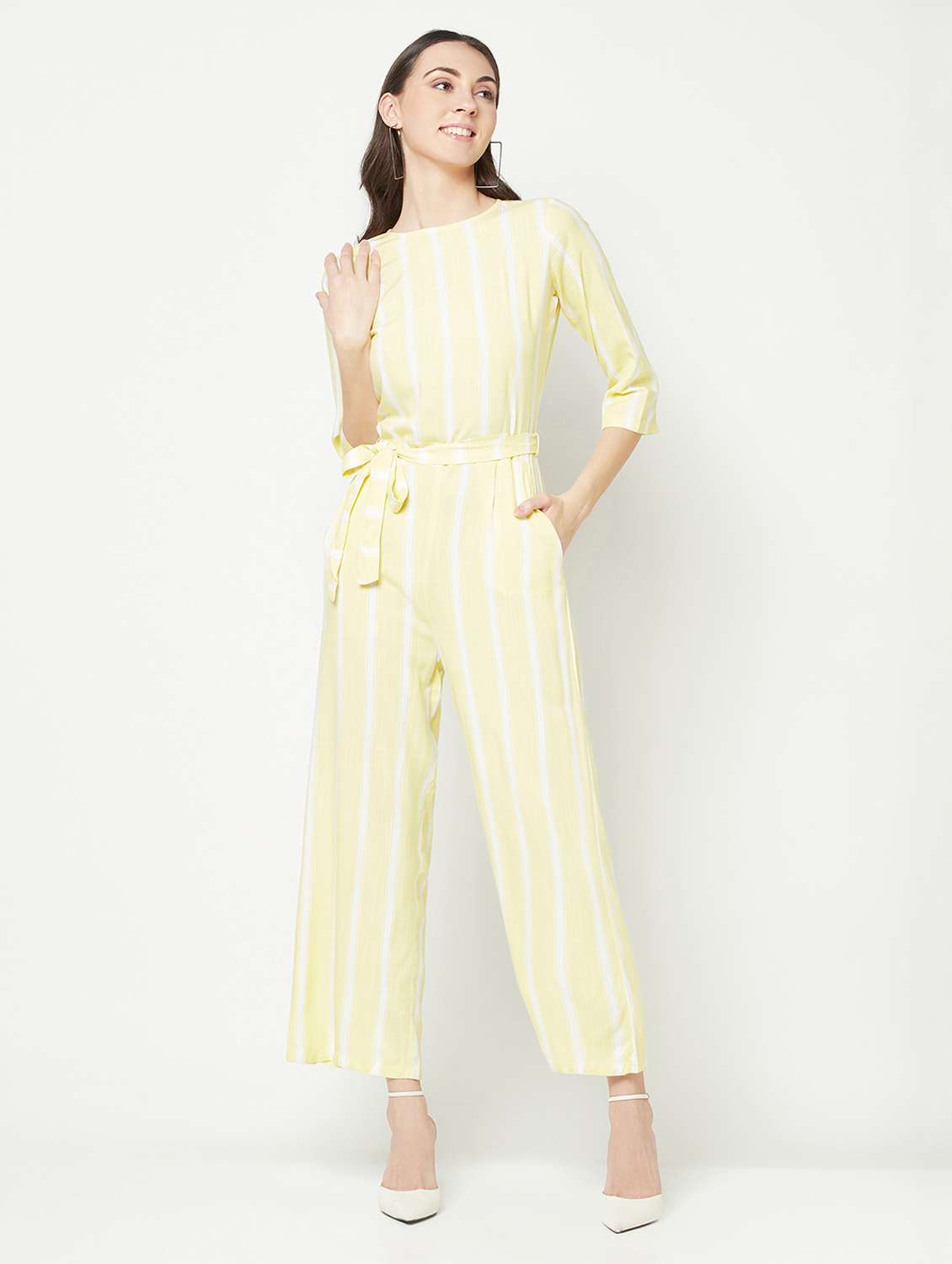 yellow striped crew neck full length jumpsuit - 19872939 -  Standard Image - 2