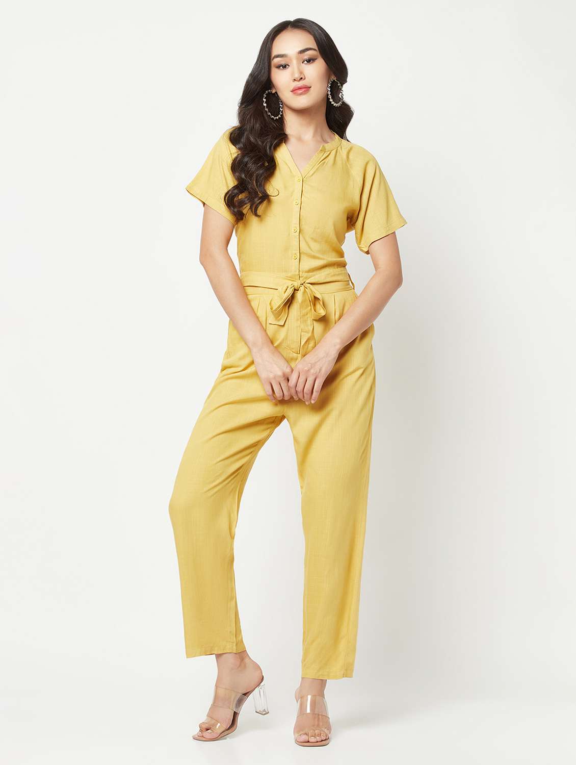 yellow solid mandarin neck full length jumpsuit
