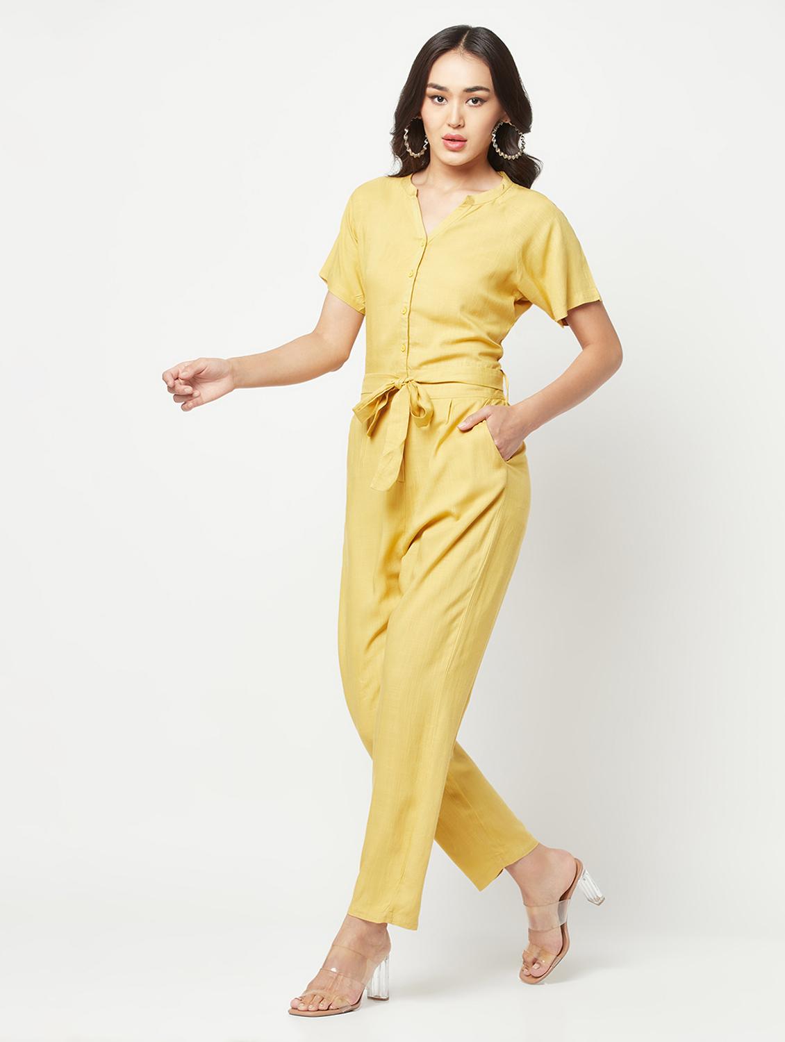 yellow solid mandarin neck full length jumpsuit - 19872940 - Standard Image - 2