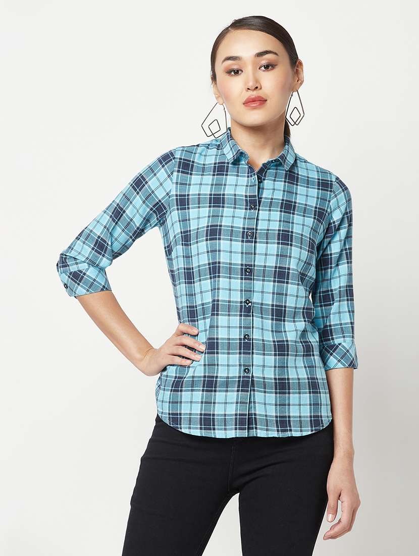 blue check print regular shirt