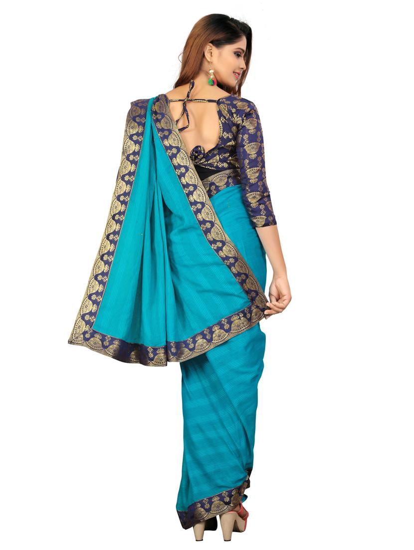 blue solid with border woven saree with blouse - 19875422 - Standard Image - 2