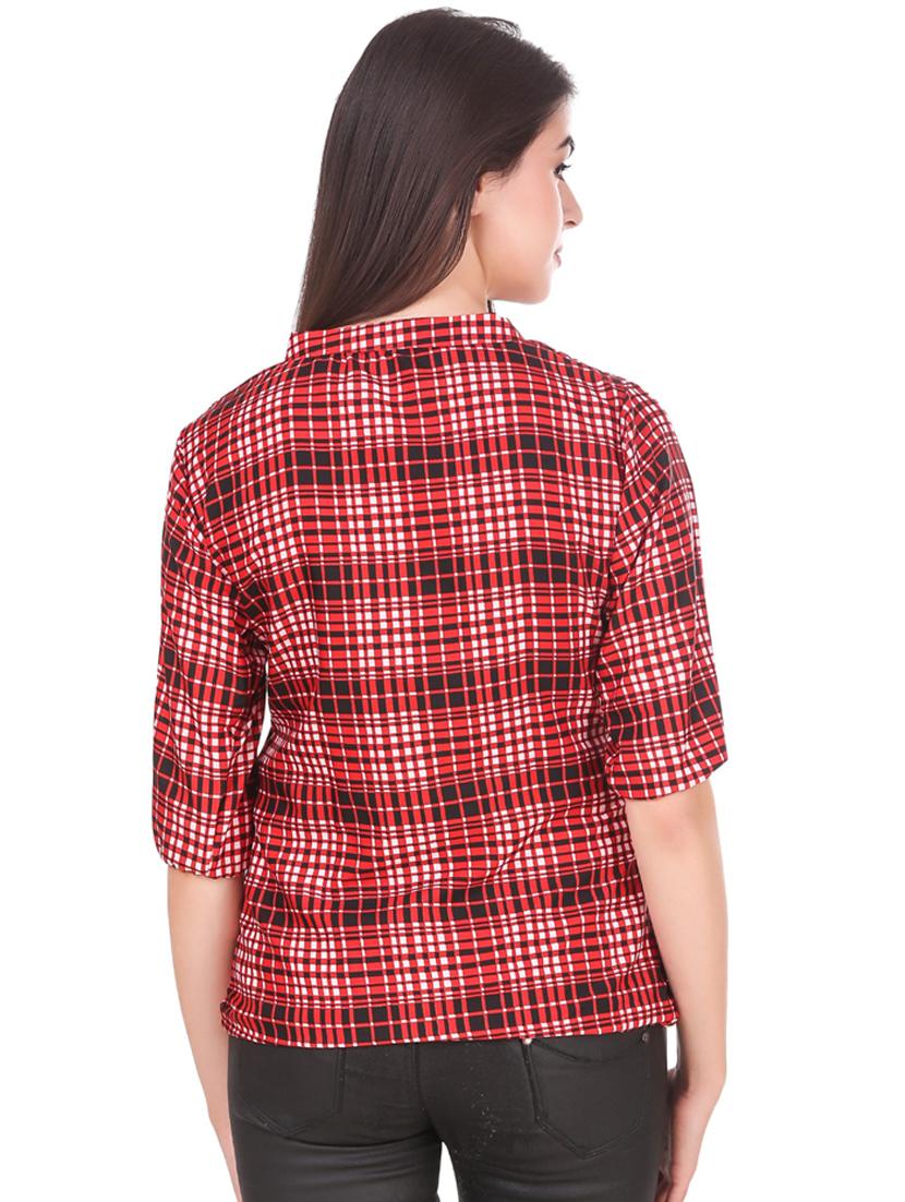 red check print mandarin neck regular top - 19875592 - Standard Image - 2
