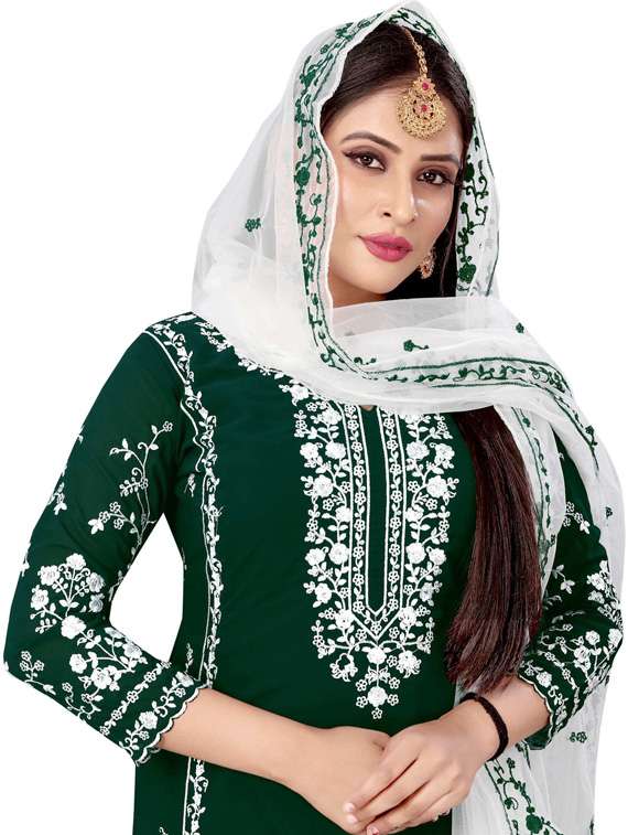 bottle green embroidered semi-stitched suit set - 19876355 -  Standard Image - 2