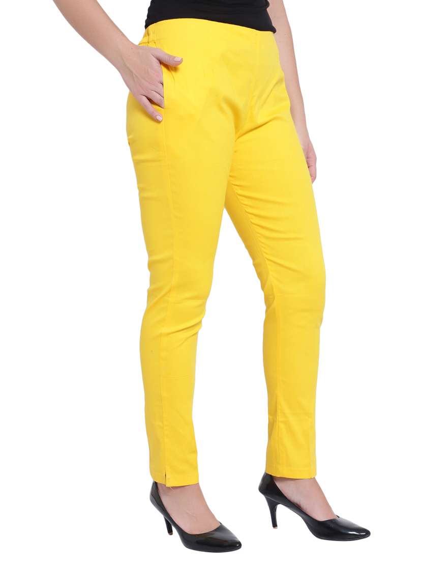 women solid yellow flat front trouser - 19876520 -  Standard Image - 2