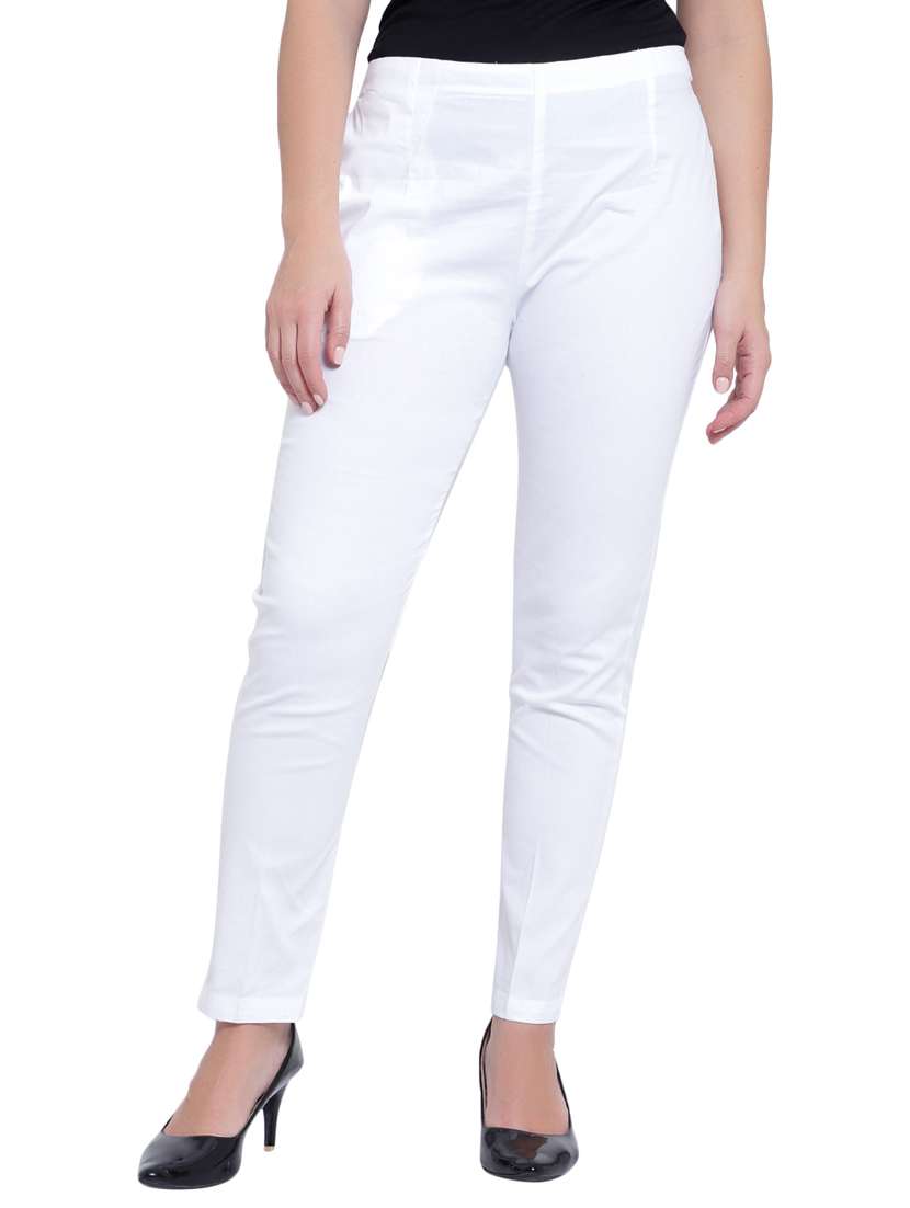 women solid white flat front trouser