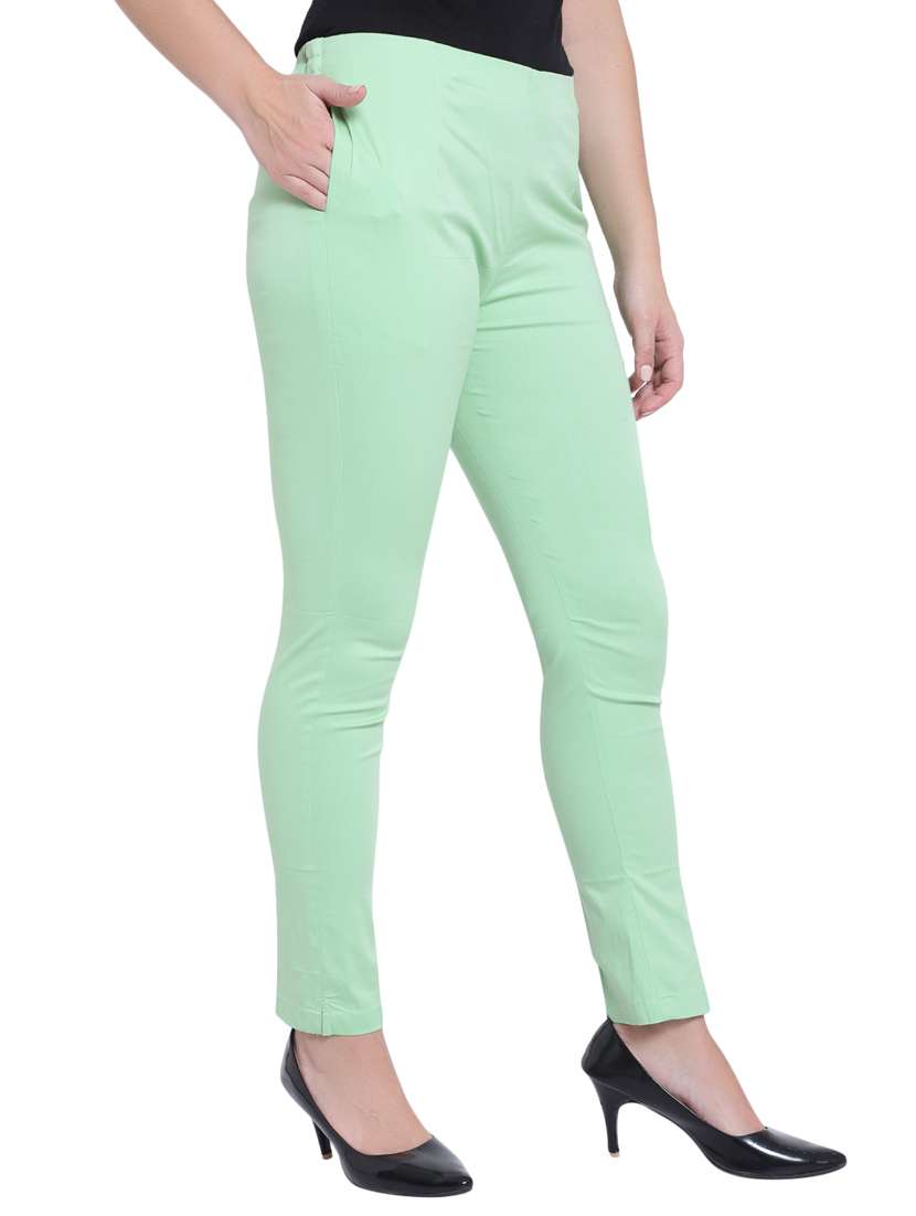 women solid green flat front trouser - 19876522 -  Standard Image - 2