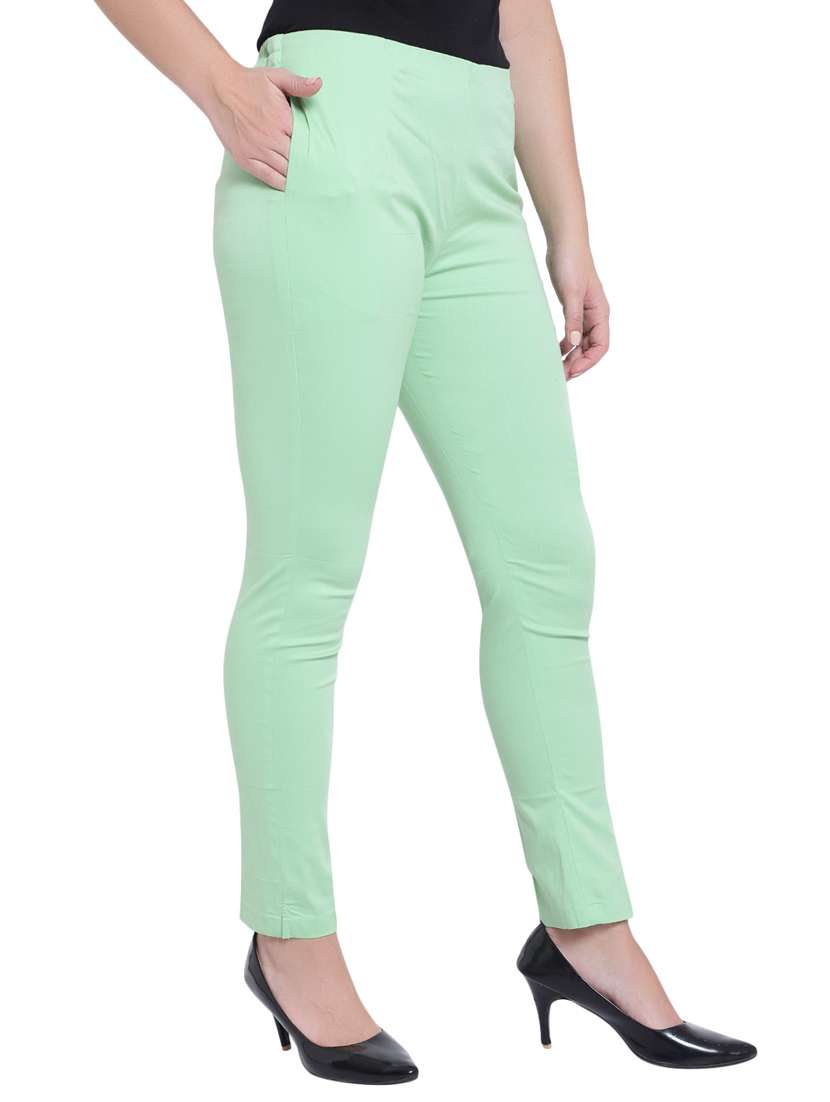 women solid green flat front trouser - 19876523 -  Standard Image - 2