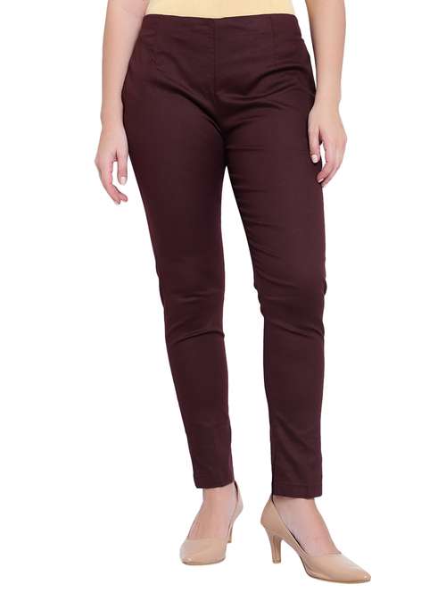 women solid brown flat front trouser