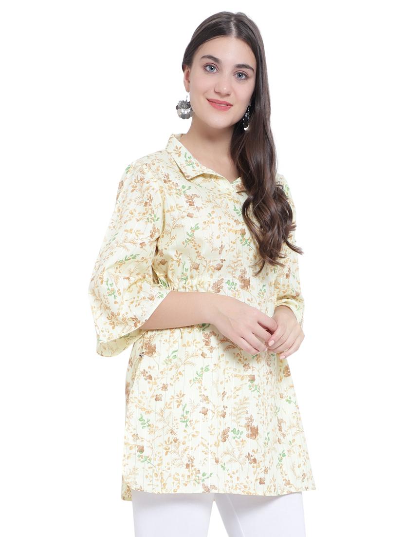 yellow floral print shirt collar regular tunic - 19876529 - Standard Image - 2