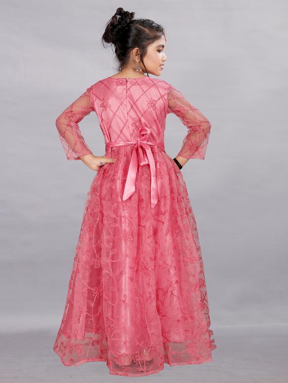 girls pink embroidered net party gown - 19877219 - Standard Image - 2