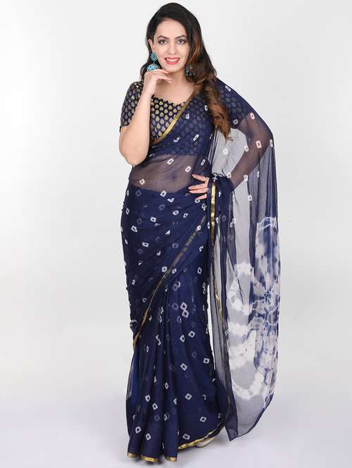 women's bandhani navy blue colored saree with blouse - 19878533 - Standard Image - 0