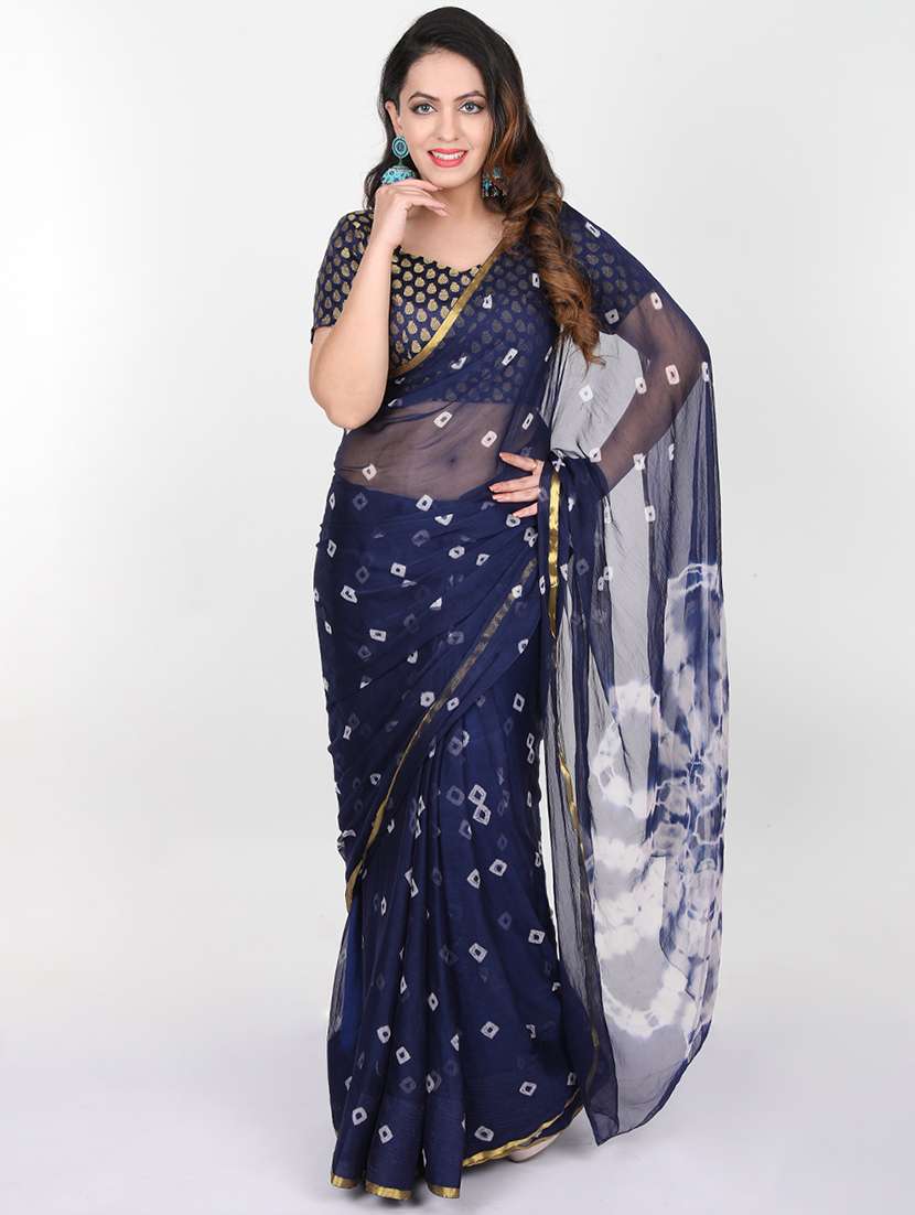 women's bandhani navy blue colored saree with blouse - 19878533 - Zoom Image - 0