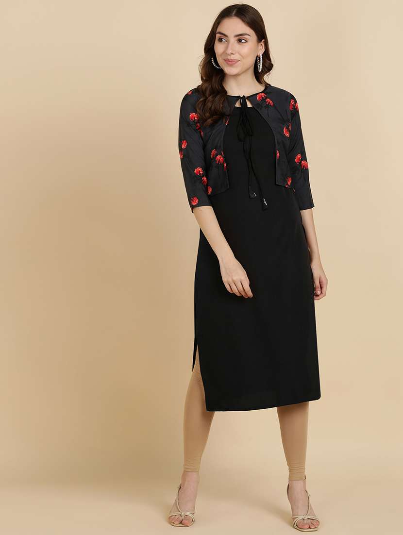 round neck printed kurta jacket set