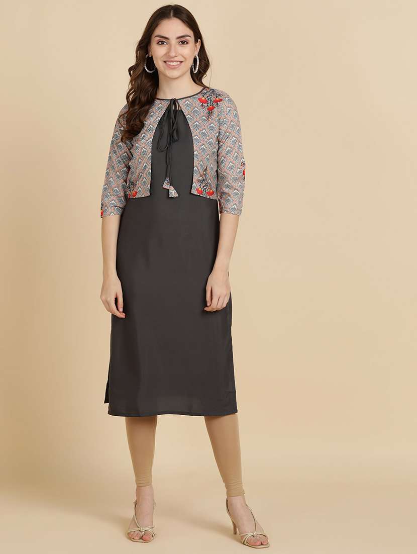 round neck printed kurta jacket set