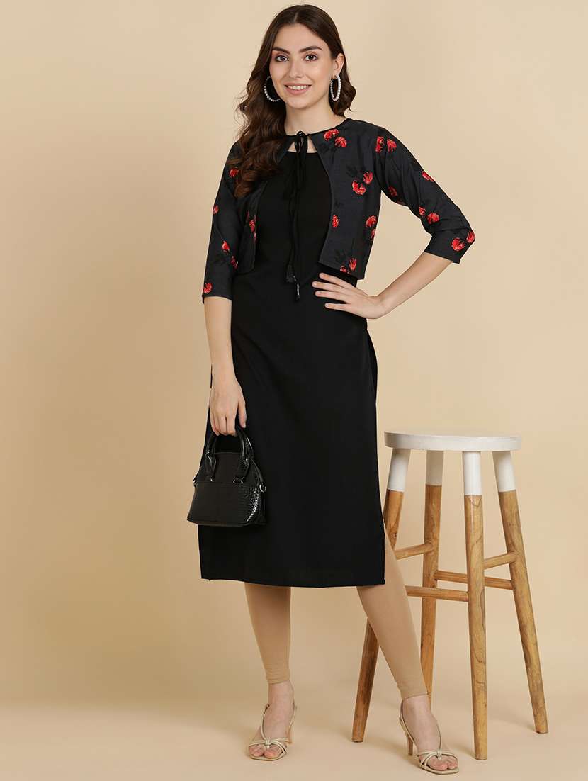 round neck printed kurta jacket set