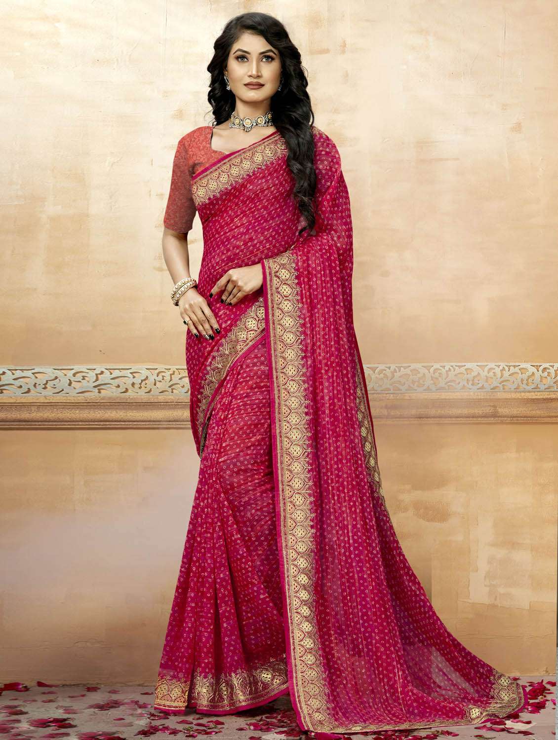women's bandhani red colored saree with blouse