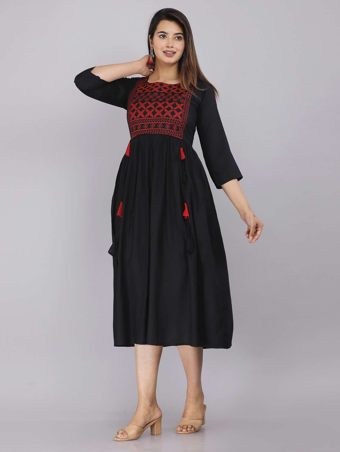 black solid rayon flared dress - 19883753 - Standard Image - 2