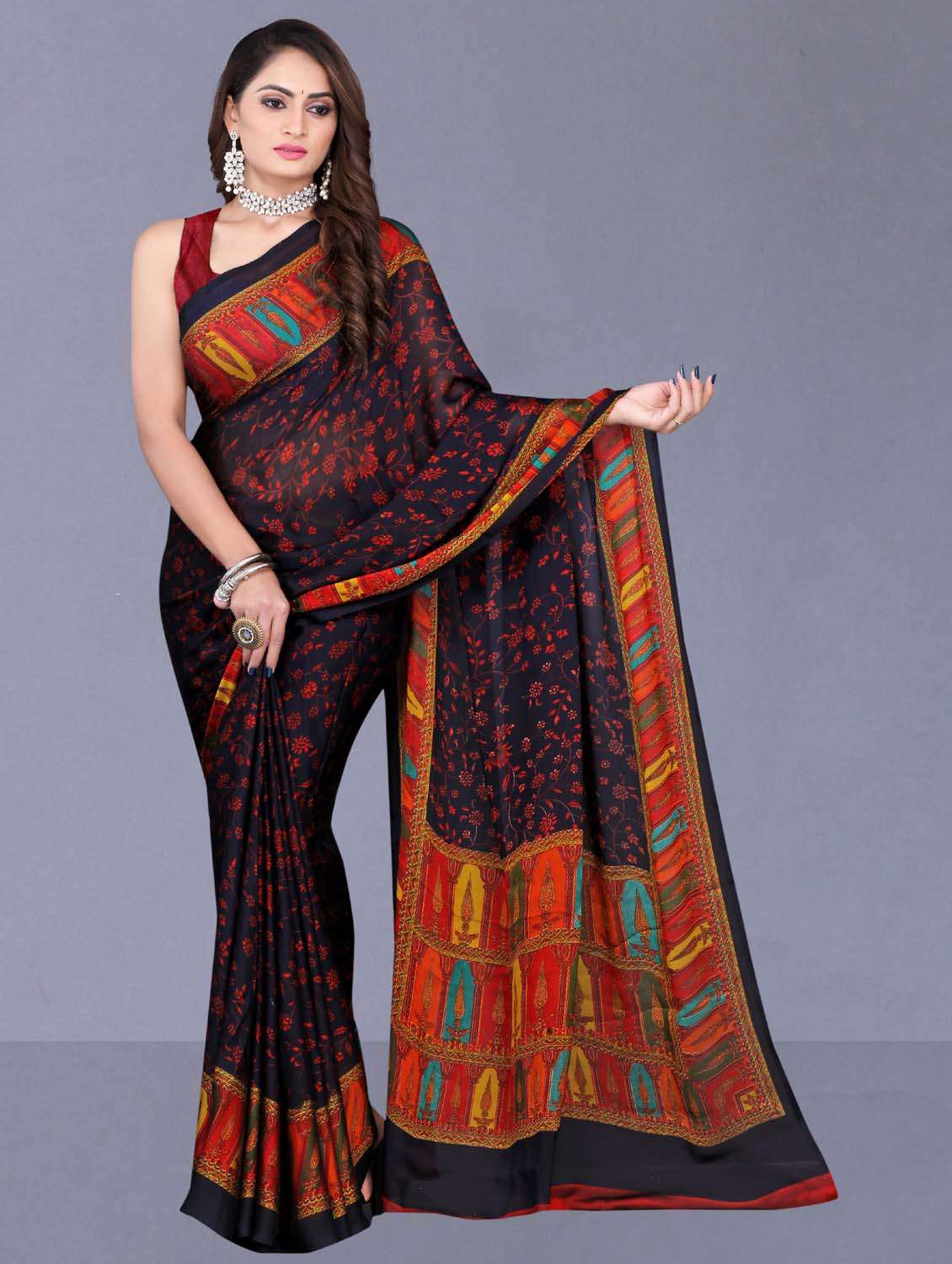 women's floral black colored saree