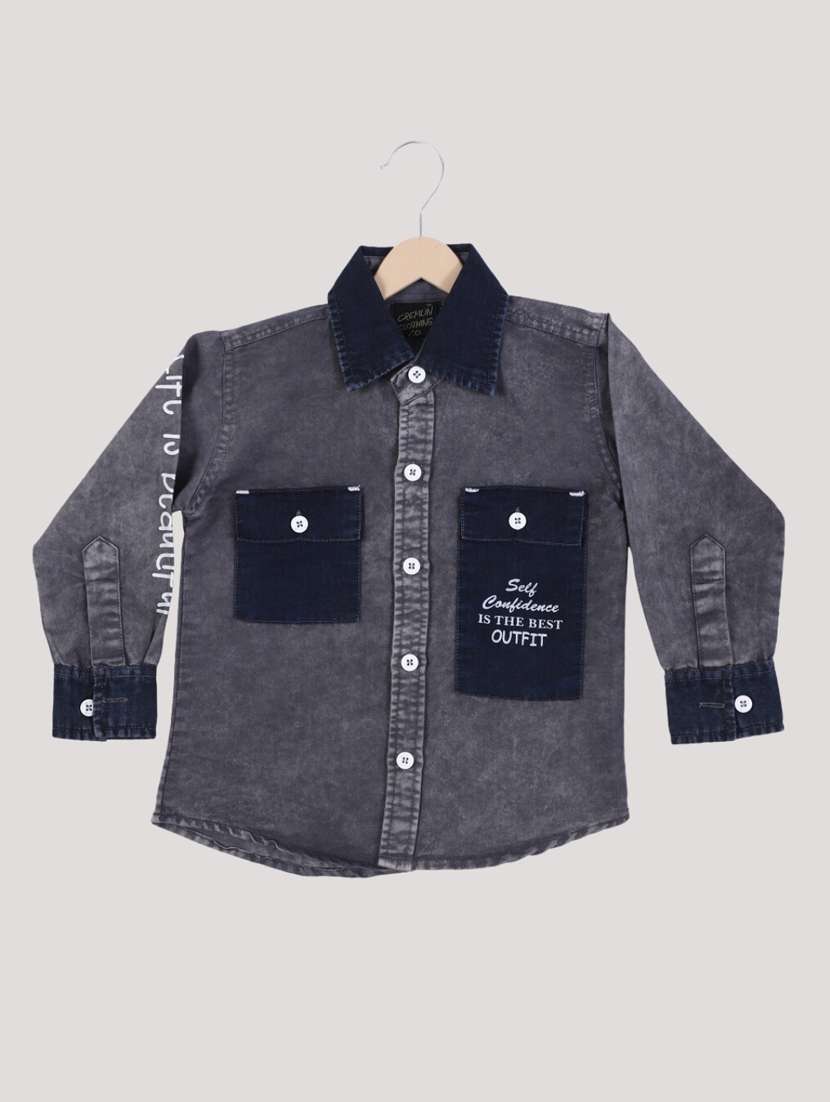 boys grey printed long sleeves denim shirt